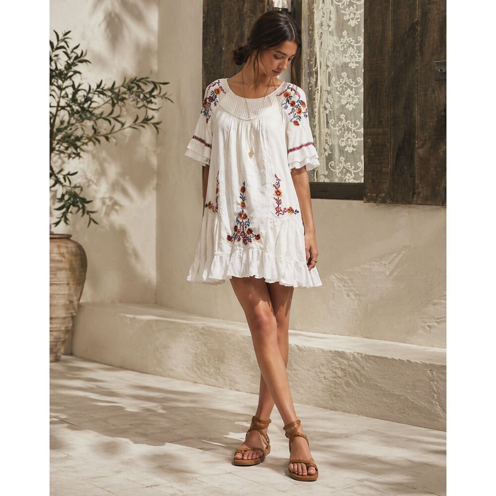 Free People Pavlo Babydoll Sz S White 100% Cotton Floral - Picture 2 of 16